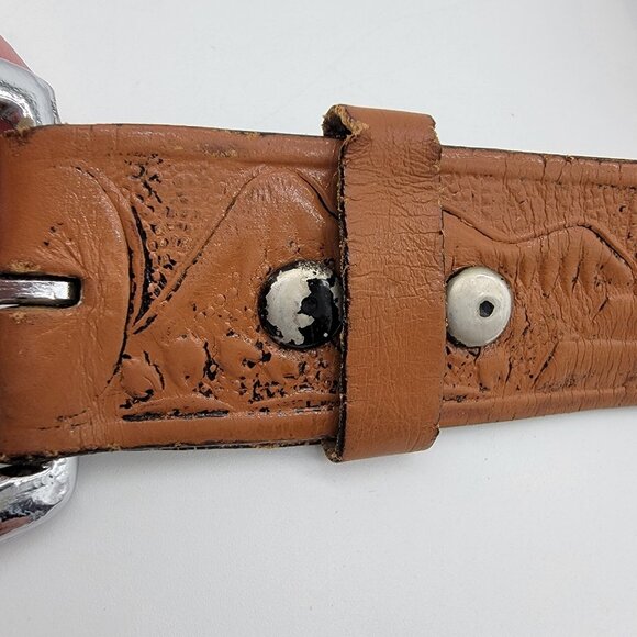 Vintage Tooled Leather Belt Mexico Spellout Ruins Embossed Unique - Picture 3 of 9